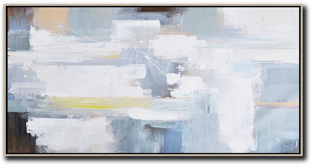 Large Abstract Painting Canvas Art,Horizontal Palette Knife Contemporary Art Panoramic Canvas Painting,Unique Canvas Art,White,Grey,Yellow,Brown.etc